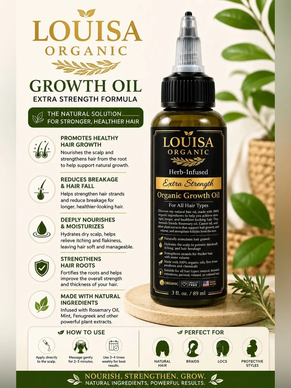 LOUISA ORGANIC EXTRA STRENGTH HAIR OIL – 3 OZ 🌿✨